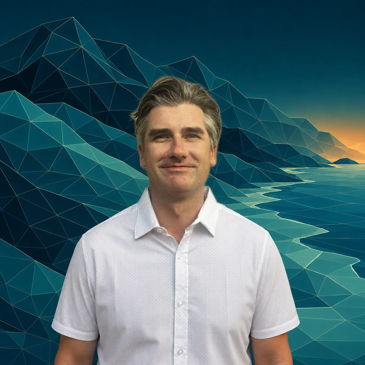 Ryan Corbett, founder of HawaiiWebSEO, in a white shirt against an illustrated mountain-to-sea landscape.